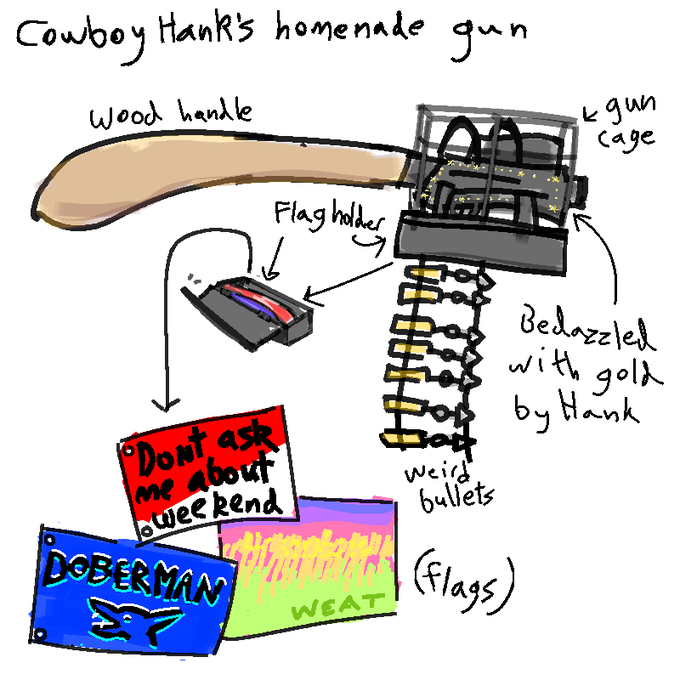 I had a dream there was a back in time episode of breaking bad set in cowboy times and this was Hanks gun (he made it himself)

he wanted to quit being a sheriff and showed it to cowboy Walter White and his gang so he could join. it worked 