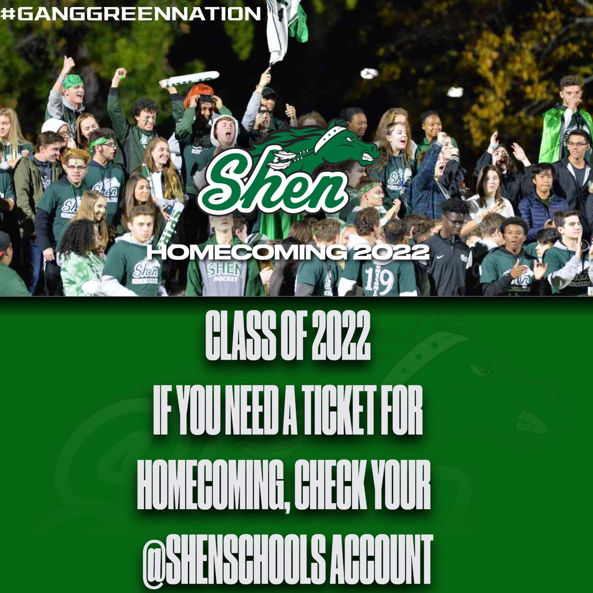 If you are a member of the Class of 2022 and in need a ticket to the football game on Friday night, please check you @shenschools account for more information on how to purchase a ticket.  <a href="/Shen_Update/">#GangGreenNation</a> <a href="/ShenNews/">Shenendehowa CSD</a> <a href="/shenfootball_01/">Shen Football</a> <a href="/Agostinoni_Ron/">Ron Agostinoni</a>