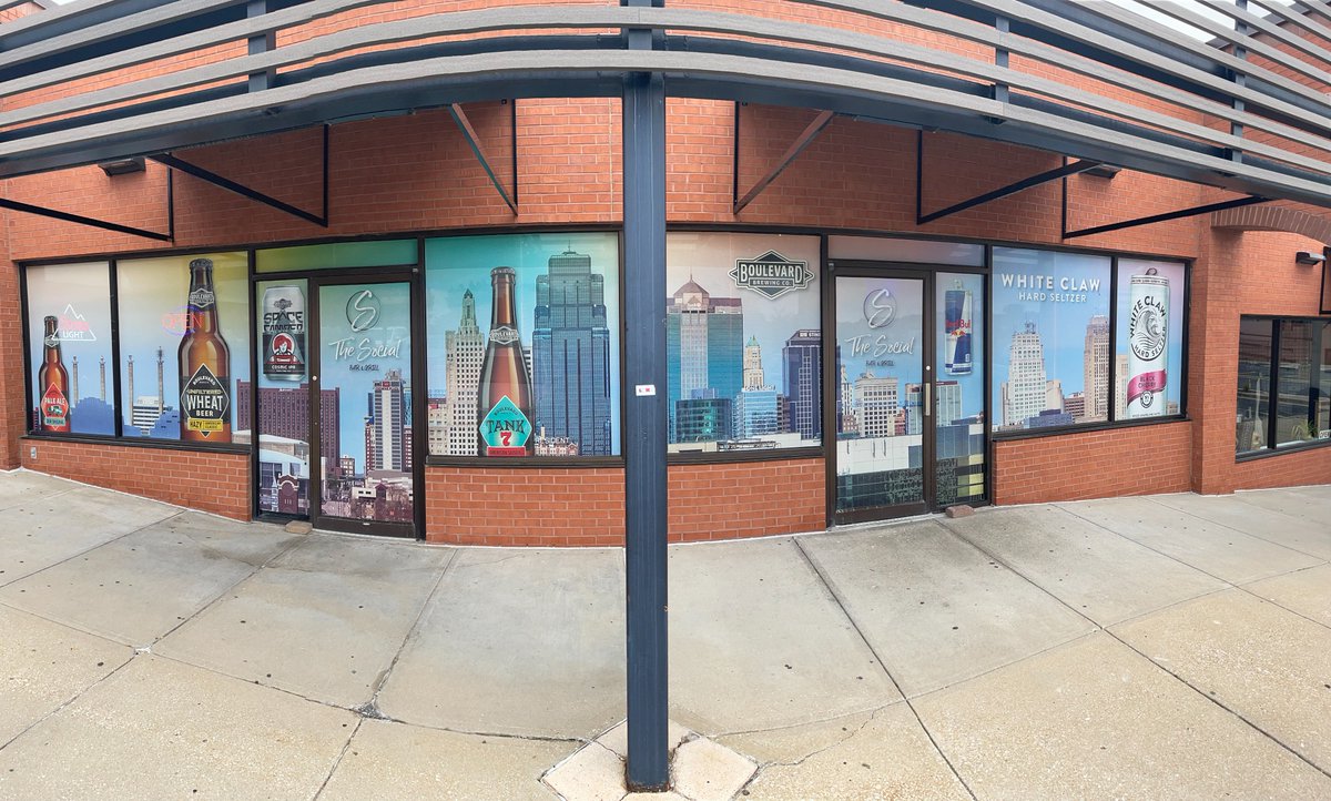 csbev's tweet photo. Got a beautiful new set of window designs at The Social Bar & Grill in Shawnee! Grab a @redbull, @WhiteClaw Hard Seltzer and/or @Boulevard_Beer on the patio and check these out! #TeamCSBevInstall https://t.co/ioaDNA7kmz