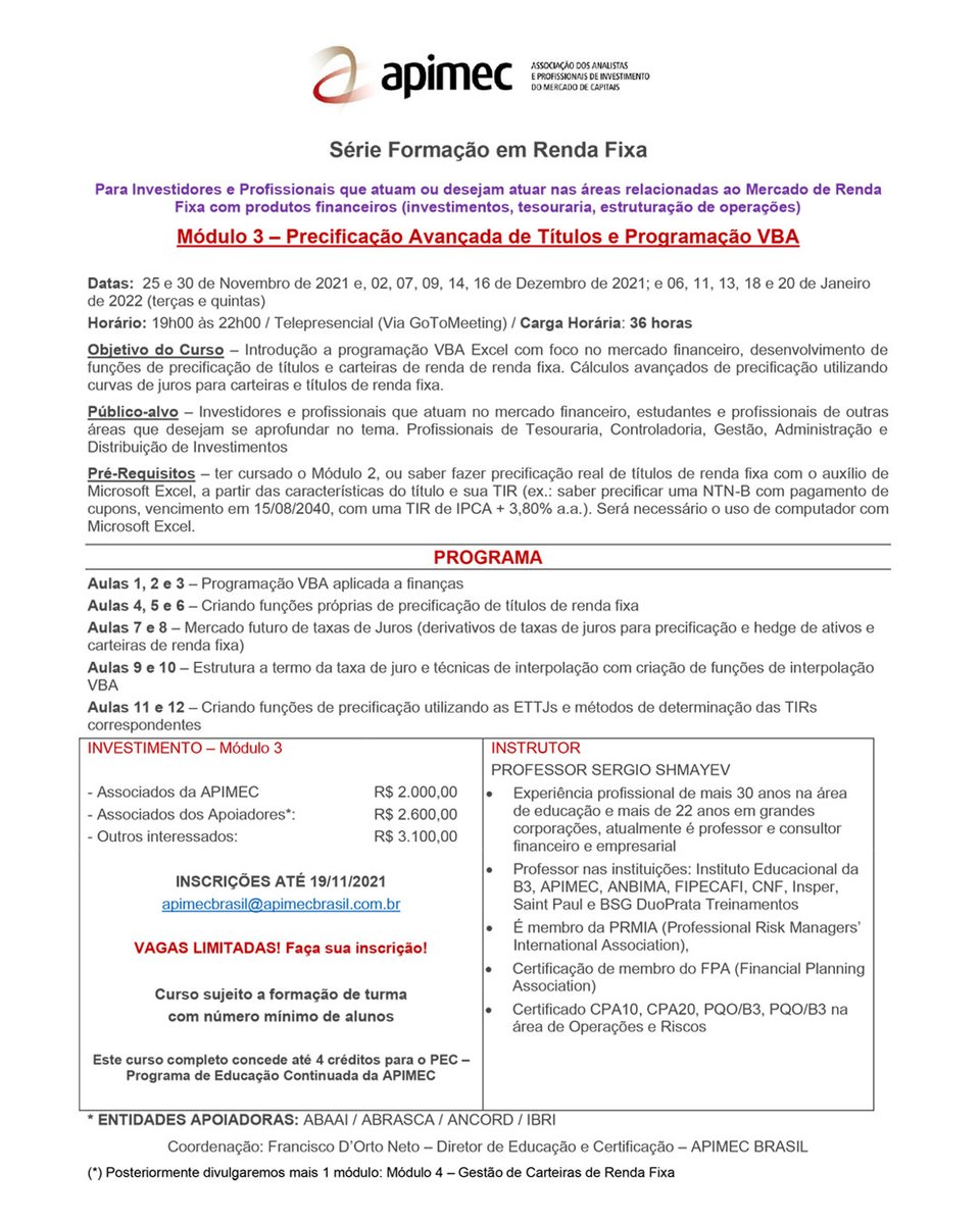 ApimecBrasil's tweet photo. A APIMEC BRASIL está com inscrições abertas para os cursos da série "Formação em Renda Fixa".
Para saber maiores informações: apimecbrasil@apimecbrasil.com.br
#apimec #apimecbrasil #cursos #rendafixa #investimentos #finanças https://t.co/USJ2mHTIOQ
