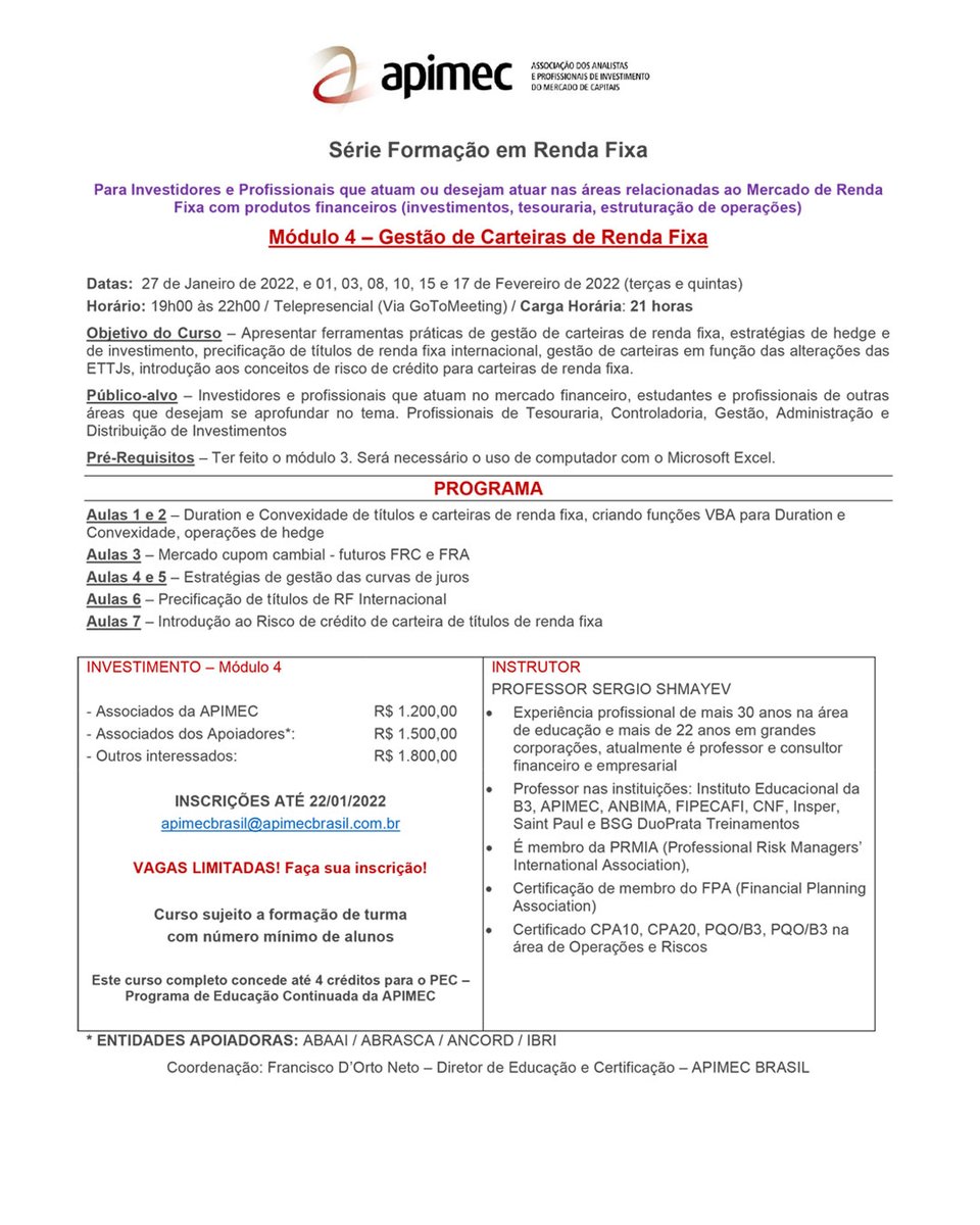 ApimecBrasil's tweet photo. A APIMEC BRASIL está com inscrições abertas para os cursos da série "Formação em Renda Fixa".
Para saber maiores informações: apimecbrasil@apimecbrasil.com.br
#apimec #apimecbrasil #cursos #rendafixa #investimentos #finanças https://t.co/USJ2mHTIOQ