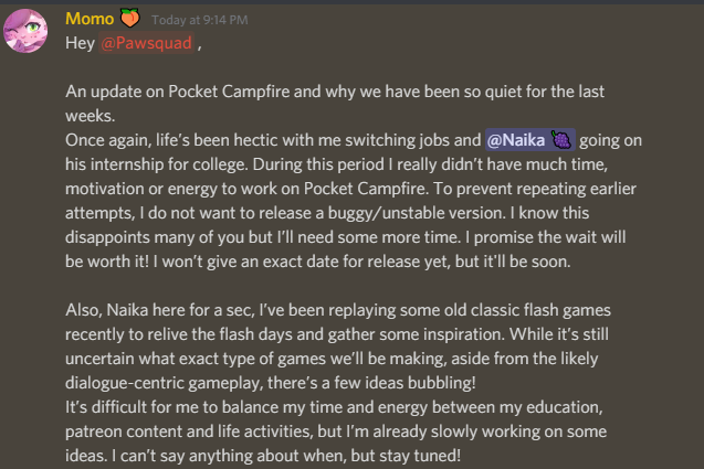 PawPunch's tweet photo. Important Announcement! An update on Pocket Campfire and why we have been so quiet for the last weeks. https://t.co/6EqOD6Fn3J