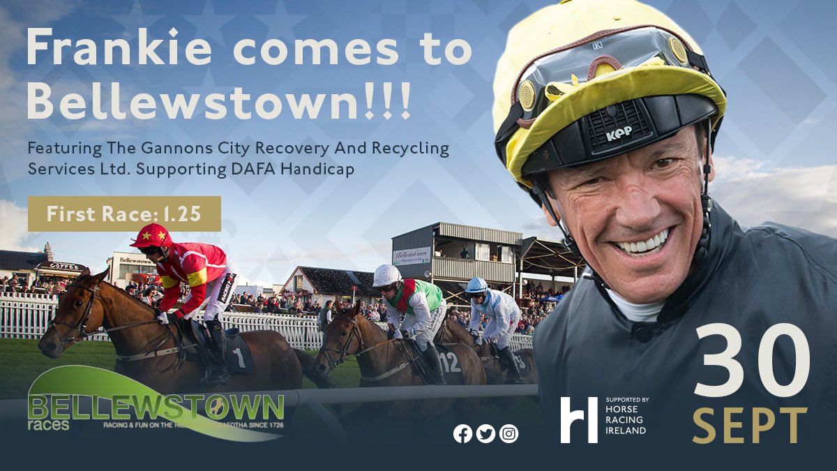 BellewstownRace's tweet photo. Great day in store tomorrow as the legendary @FrankieDettori is coming to ride at Bellewstown along with @JPSPENCER1980 &amp; Shane Kelly in memory of Barney Curley. 

⏰ First race: 1.25pm
🎟 Limited tickets left 👉 https://t.co/n1KcLsSyD9 

#BellewstownRaces #SeeYouOnTheHill https://t.co/Ny1OIHjoV9