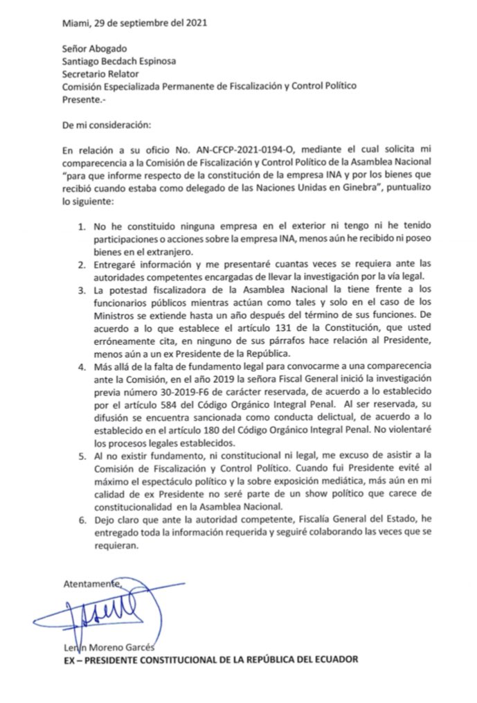 Lenin's tweet photo. La convocatoria que me ha realizado la Comisión de la Asamblea es inconstitucional e ilegal.
Las investigaciones judiciales se deben procesar en las instancias pertinentes y no por iniciativas que tienen como propósito espectáculos políticos. https://t.co/IyP3OJ43ZV
