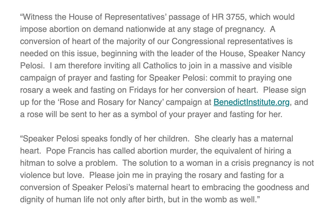 MaryMargOlohan's tweet photo. San Francisco @ArchCordileone calls on Catholics to "join in a massive and visible campaign of prayer and fasting" for a "conversion of Speaker Pelosi’s maternal heart to embracing the goodness and dignity of human life not only after birth, but in the womb as well.” https://t.co/BGRJnHll28