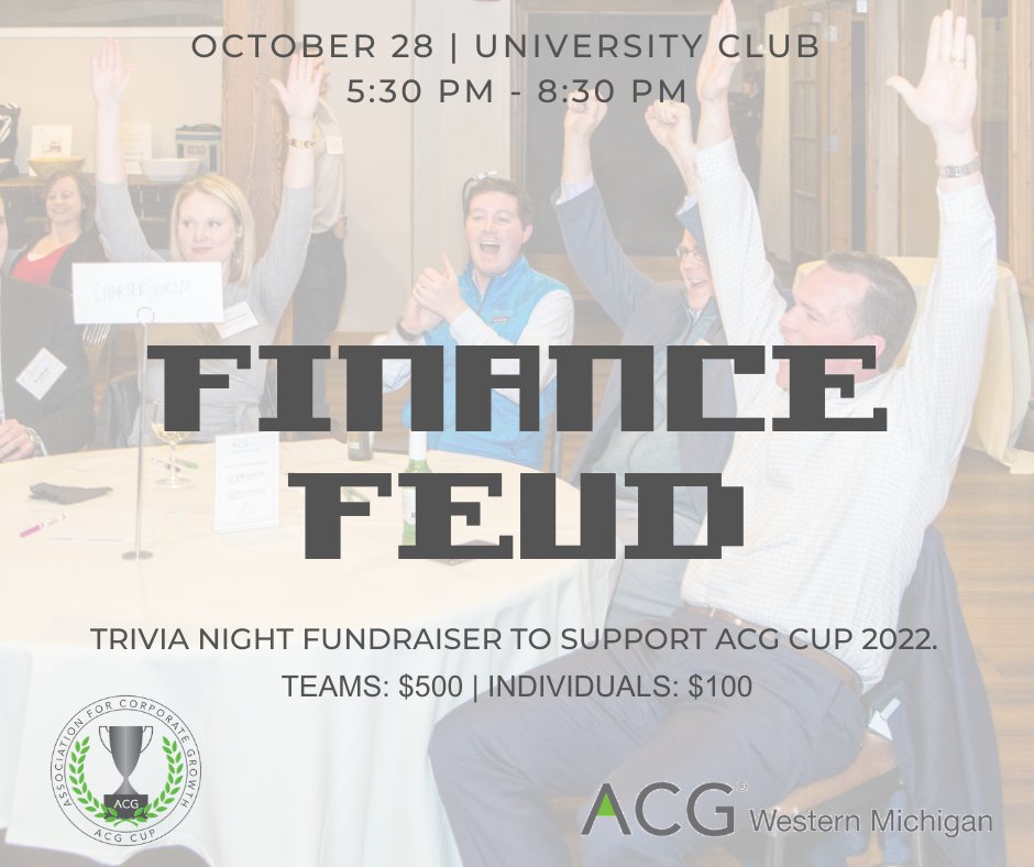 ACGWM's tweet photo. Let’s get ready to rummmmble! Finance Feud is BACK! Gather your brainiest colleagues and sponsor a table today, then meet us at the University Club on October 28 for an evening of trivia and triumph!
https://t.co/4b2X824y8X
#acgwm #advantageACG #trivia #financefeud #acgcup https://t.co/mrJeWeat3y