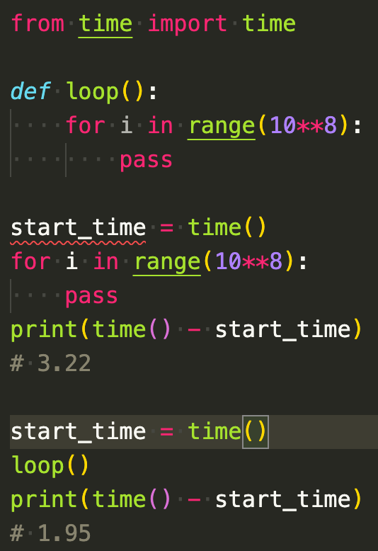 _iashin's tweet photo. Leaving your for-loop outside of a function in Python makes it ~50% slower 😱. The issue has to do w/ the variable scope. Locals are stored as a fixed-sized array (fast indexing), globals as dicts (slower). Besides, 🐍 makes opcode prediction: squeezing several bytecodes into one https://t.co/m4oQ5oCj0s