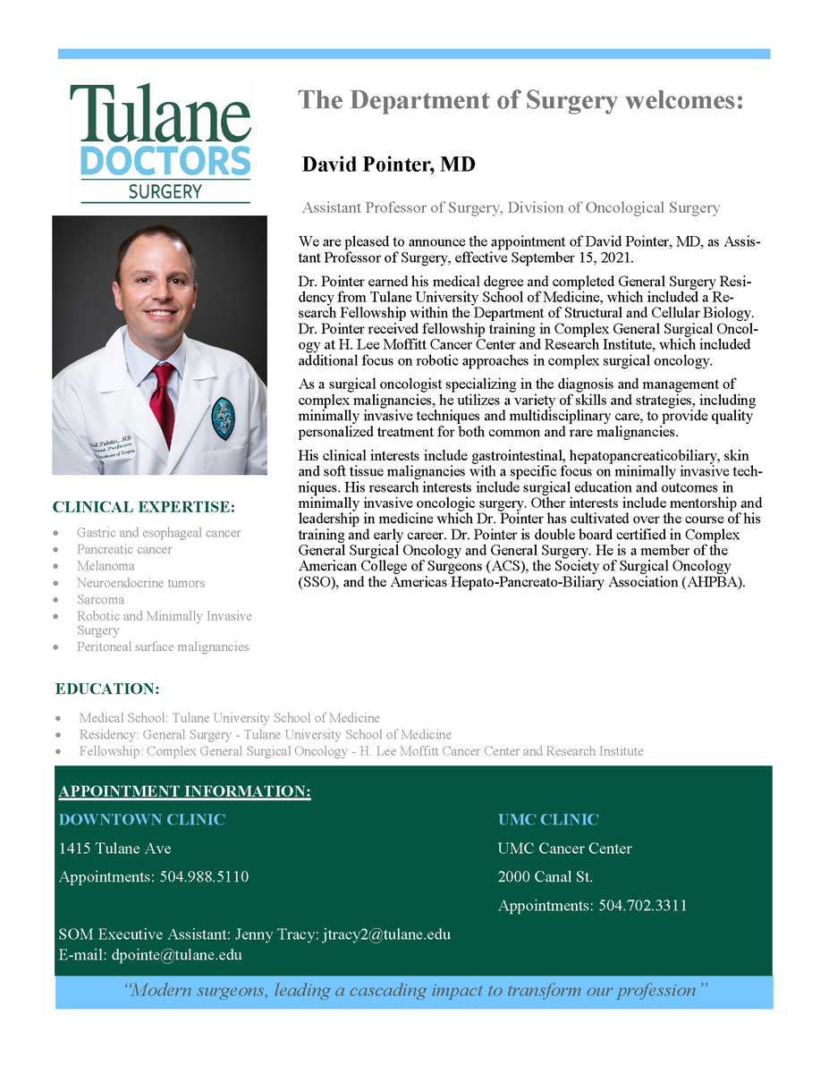 Tulane - Department of Surgery (@tulane_surgery) on Twitter photo The department is excited to welcome <a href="/DavidPointerMD/">David Pointer</a> back as Assistant Professor of Surgery, Division of Oncological Surgery. #ResidenttoFaculty <a href="/Mary_Killackey/">Mary KillackeyMD</a> <a href="/TulaneDoctors/">Tulane Doctors</a>
#oncology #TulaneSurgery The department is excited to welcome <a href="/DavidPointerMD/">David Pointer</a> back as Assistant Professor of Surgery, Division of Oncological Surgery. #ResidenttoFaculty <a href="/Mary_Killackey/">Mary KillackeyMD</a> <a href="/TulaneDoctors/">Tulane Doctors</a>
#oncology #TulaneSurgery