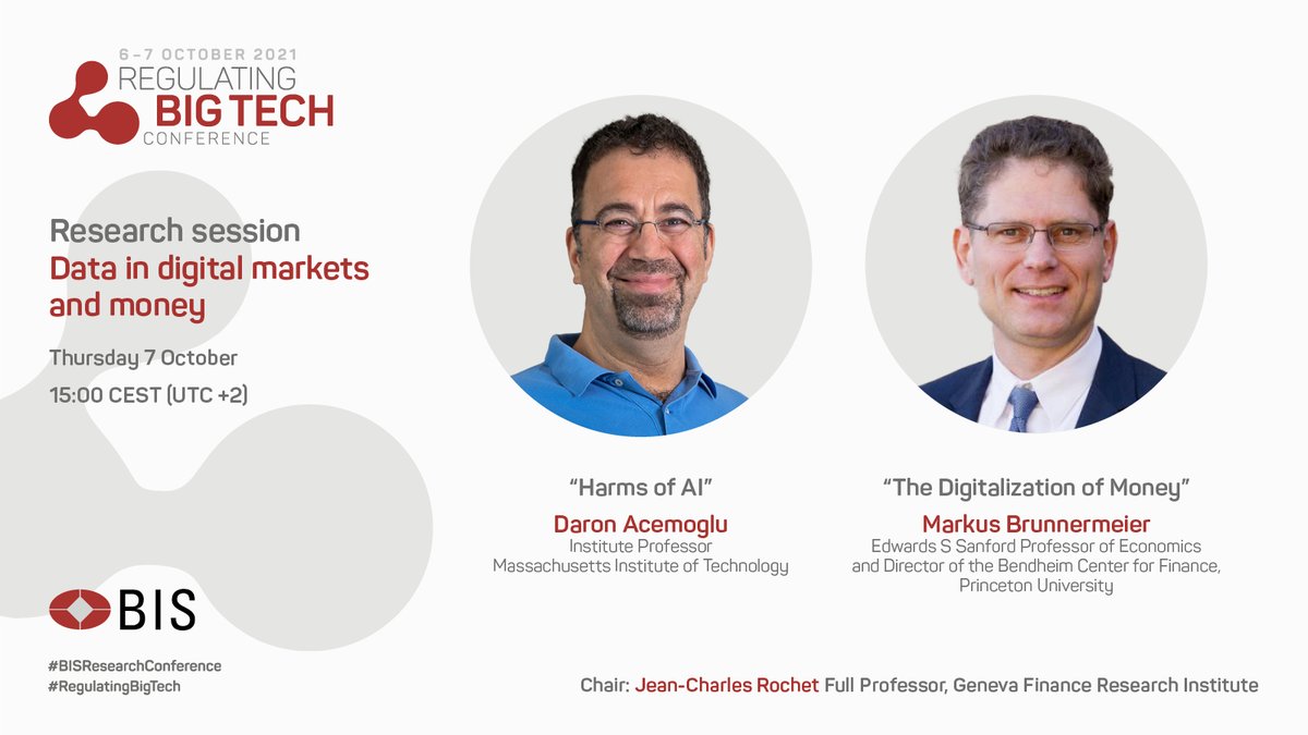 Data in #DigitalMarkets & money are the topics of day 2 research session at the #BISResearchConference, w/ @DrDaronAcemoglu from @MITEcon & Markus Brunnermeier @MarkusEconomist from @PrincetonEcon presenting their work and Jean-Charles Rochet as chair bis.org/events/confres…