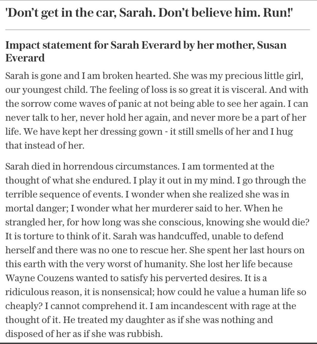 JoanMcAlpine's tweet photo. 💔 Impact statement from the mother of #SarahEverard What kind of culture produces such men? Societies where violent pornography is endemic &amp; many men view women as trash.  His associates must have seen his misogyny. It was ignored, because misogyny is tolerated. https://t.co/4P1kNUQqGM