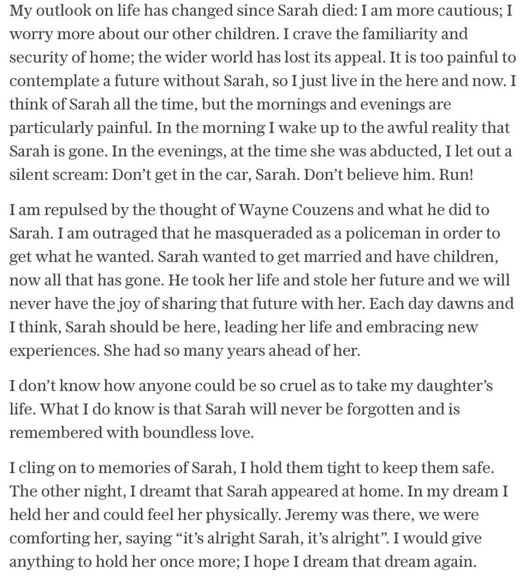 JoanMcAlpine's tweet photo. 💔 Impact statement from the mother of #SarahEverard What kind of culture produces such men? Societies where violent pornography is endemic &amp; many men view women as trash.  His associates must have seen his misogyny. It was ignored, because misogyny is tolerated. https://t.co/4P1kNUQqGM