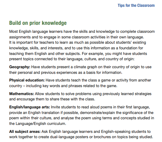 ergoontario's tweet photo. Lots of strategies to use a newcomer multilingual learner's prior experiences and knowledge as the base or entry point for new learning in an Ontario classroom.

https://t.co/qOvLcUDS3x https://t.co/k7GbmFxhaS