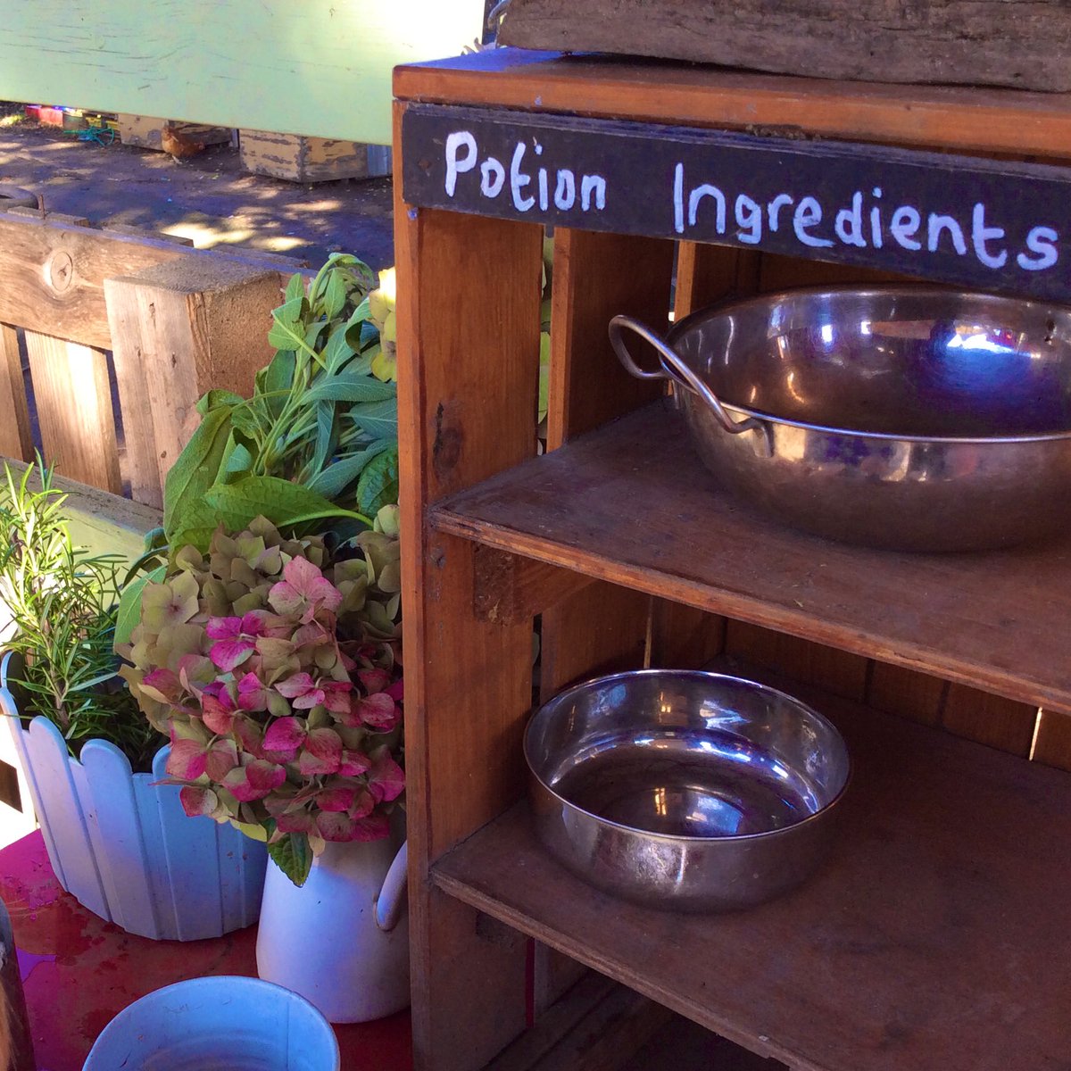 olasjfoundation's tweet photo. Fresh rosemary, sage and hydrangeas were welcomed additions to our potion play today #potionplay #earlyyearsoutdoors #eyfsideas #olasjprimary #mudkitchen #rotherhamiswonderful #wathupondearne https://t.co/Gzj6ACkEWK