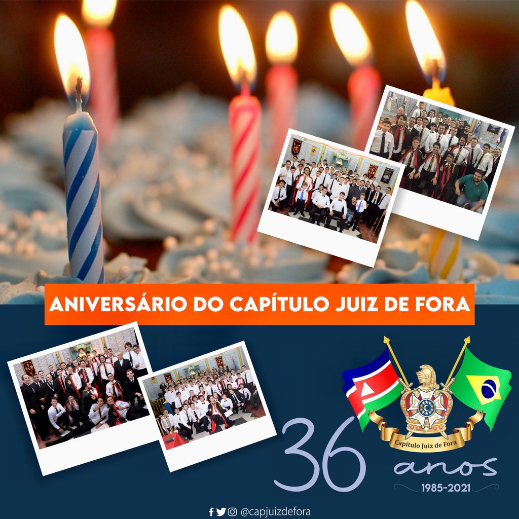 capitulojf's tweet photo. 🥳🎂 ANIVERSÁRIO DO #CAPÍTULOJF
➡️ 36 ANOS | 1985-2021
Há 36 anos, tinha início a história do Capítulo Juiz de Fora, e, hoje, comemoramos mais um ano de trabalhos ininterruptos em prol da Ordem DeMolay e da sociedade.
Saiba + sobre nós: https://t.co/XWnzOpqKxT
#DeMolay #SCDB https://t.co/WAWzuNJR8q