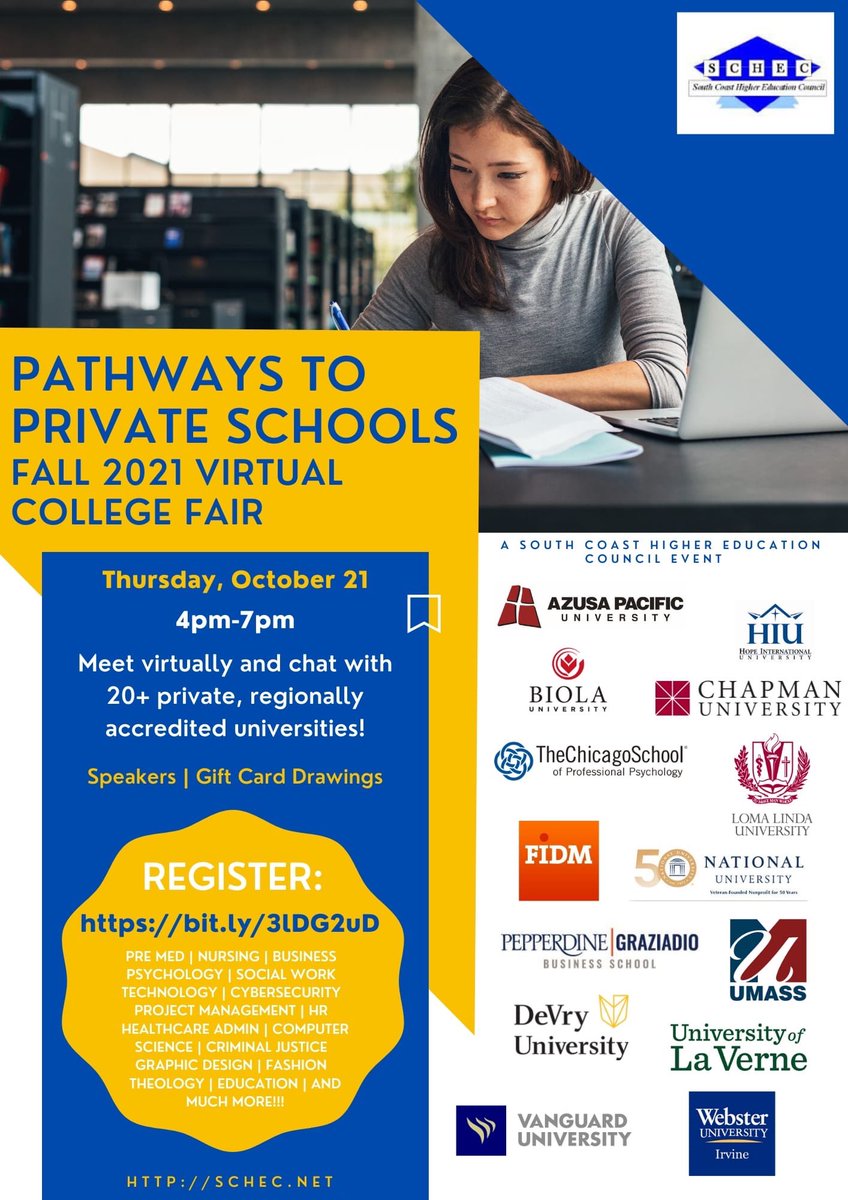 LAVC_WC's tweet photo. Interested in attending a private school? Join us for our Fall Virtual College Fair on Thursday, October 21st from 4 to 7 pm! Chat with 20 plus private, accredited universities! Can’t wait to see you all Online 🤗 https://t.co/GFWSjSWru0