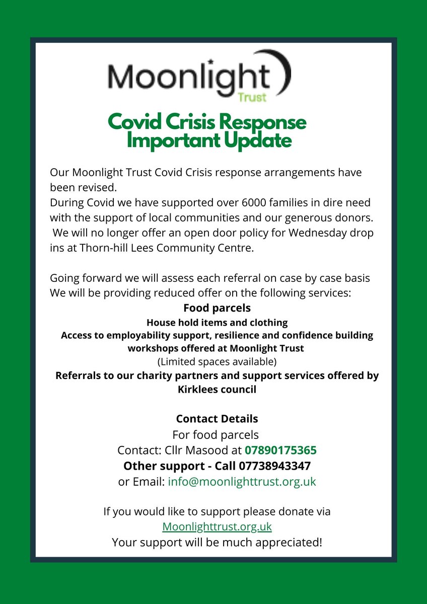 If you are based in <a href="/KirkleesCouncil/">Kirklees Council</a> and you, your family or friends need this support please get intouch.
We can only continue this support with your your help so please doante via 👇
moonlighttrust.org.uk/donate
Voluntee &amp; share 🙏
All is welcome for #community <a href="/CllrMasood1/">Cllr Masood Ahmed</a>