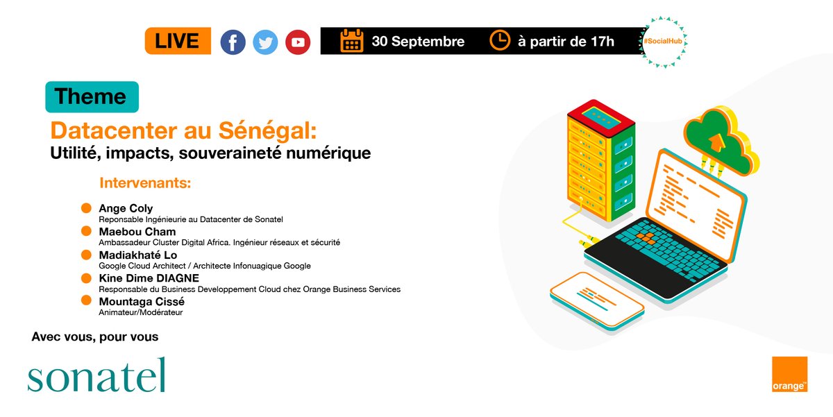 #LiveSocialHub «Datacenter au Sénégal: Utilité, Impacts, Souveraineté numérique» RV ce jeudi 30 sept. à partir de 17h avec nos invités.
En direct sur nos plateformes Twitter, Facebook et Youtube
#Cloud #Datacenter #kebetu