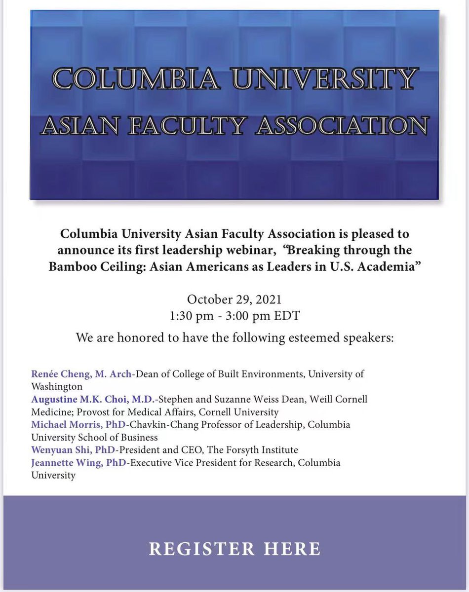 Welcome to join the Columbia University Asian Faculty Association’s first webinar: “Asian Americans as Leaders in U.S. Academia —- Breaking through the Bamboo Ceiling.” Registration columbiauniversity.zoom.us/webinar/regist….  YouTube broadcast link youtube.com/c/ColumbiaBME