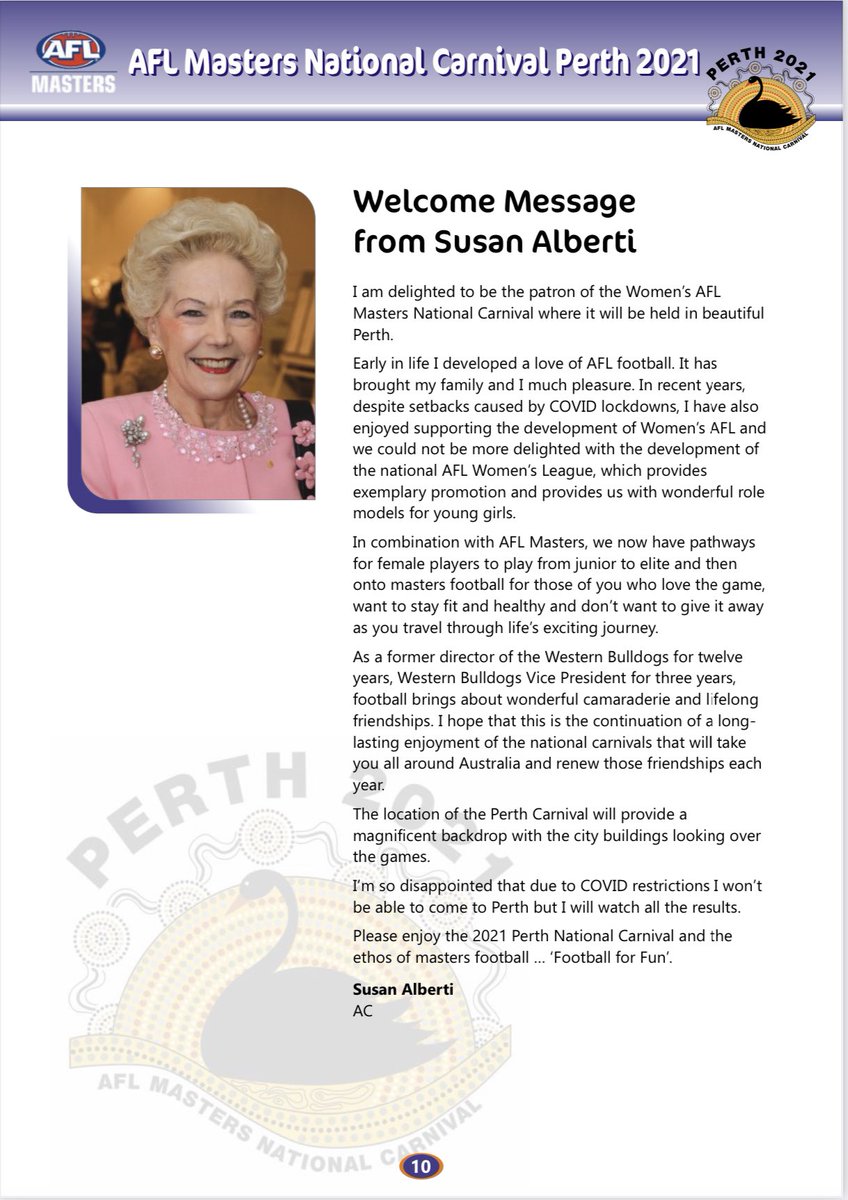 MisterTaxman's tweet photo. Thank you for your support to our amazing patron @SusanAlberti1. Our 5th Women’s @AFLMasters National Carnival has been great so far but it’s missed you. Hope to see you pull on the Big V in our 6th Carnival next year. #AFLMasters #AFLM #FootyForFun https://t.co/xMfDFWT2UA