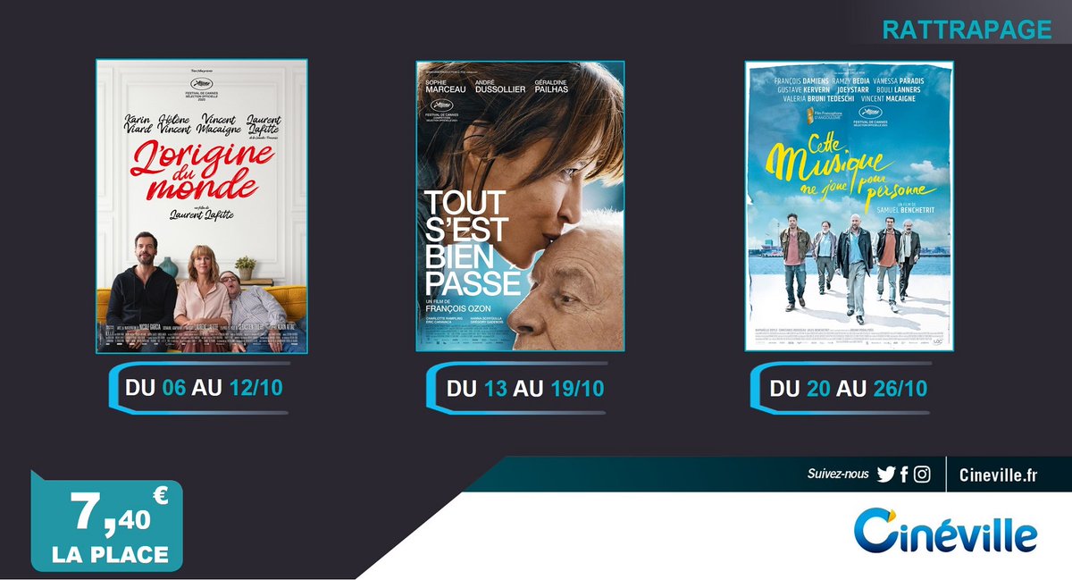 🔴 SÉANCES DE RATTRAPAGE

☑️ L'ORIGINE DU MONDE: du 6 au 12/10
☑️ TOUT S'EST BIEN PASSÉ: du 13 au 19/10
☑️ CETTE MUSIQUE NE JOUE POUR PERSONNE: du 20 au 26/10

➡️ Tarif réduit : 7,40€ la place