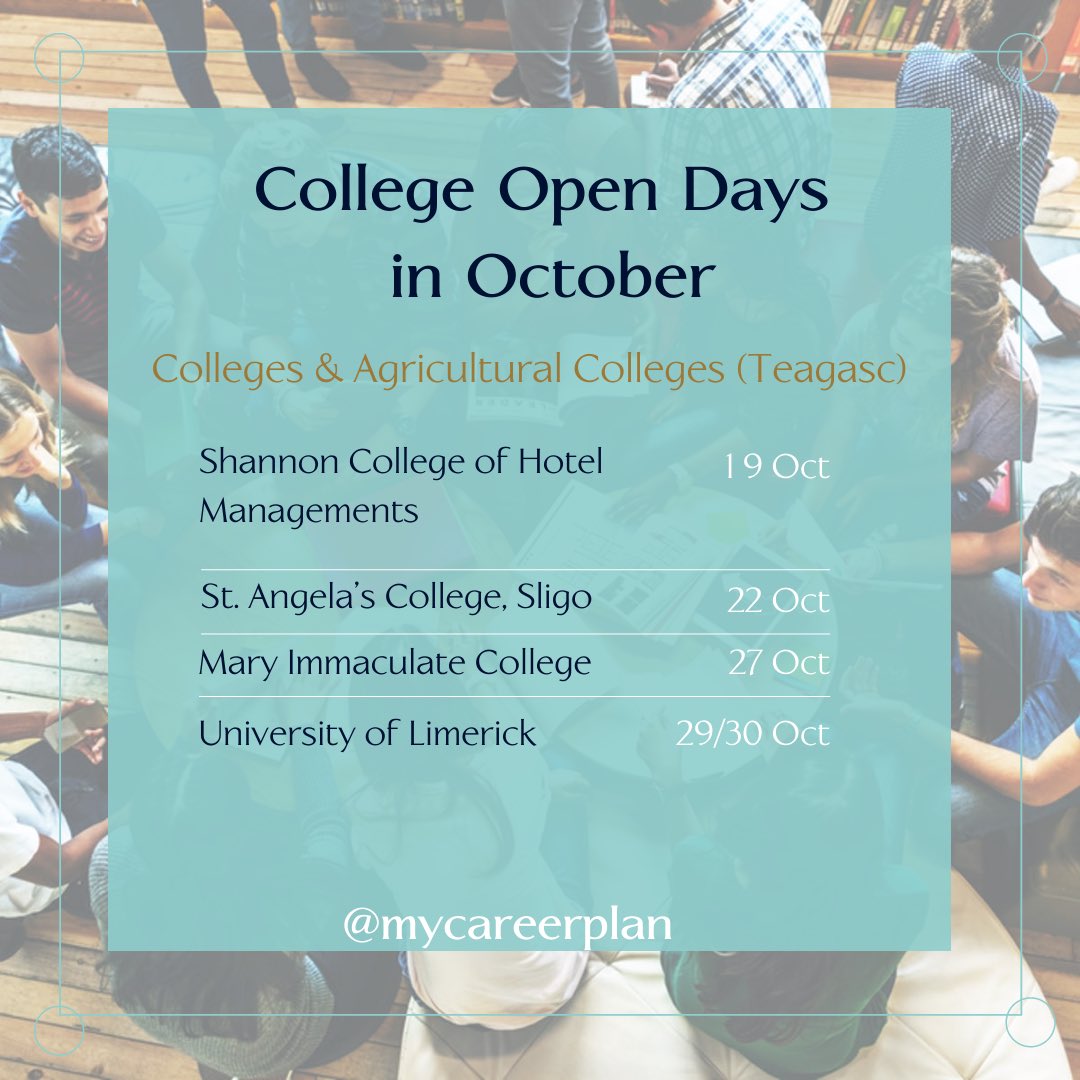 mycareerplan1's tweet photo. 🏫 You won’t want to miss these college open days. See college websites for timetables of events, contact details and to register for the event. 

#opendays #collegeopendays #virtualopendays #colleges #leavingcert2022 #cao2022 #mycareerplan 
@issu4u @NPCpp https://t.co/O8KAooE0MJ