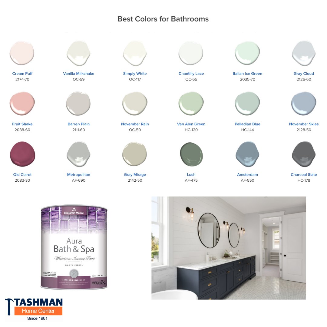 TashmanHardware's tweet image. Create a spa-like mood with paint colors that nurture rest and relaxation. Calming hues include soft grays like Metropolitan AF-690, and soft pastels like Palladian Blue HC-144, Italian Ice Green 2035-70 and Gray Cloud 2126-60. #benmoore #paint #Tashmans