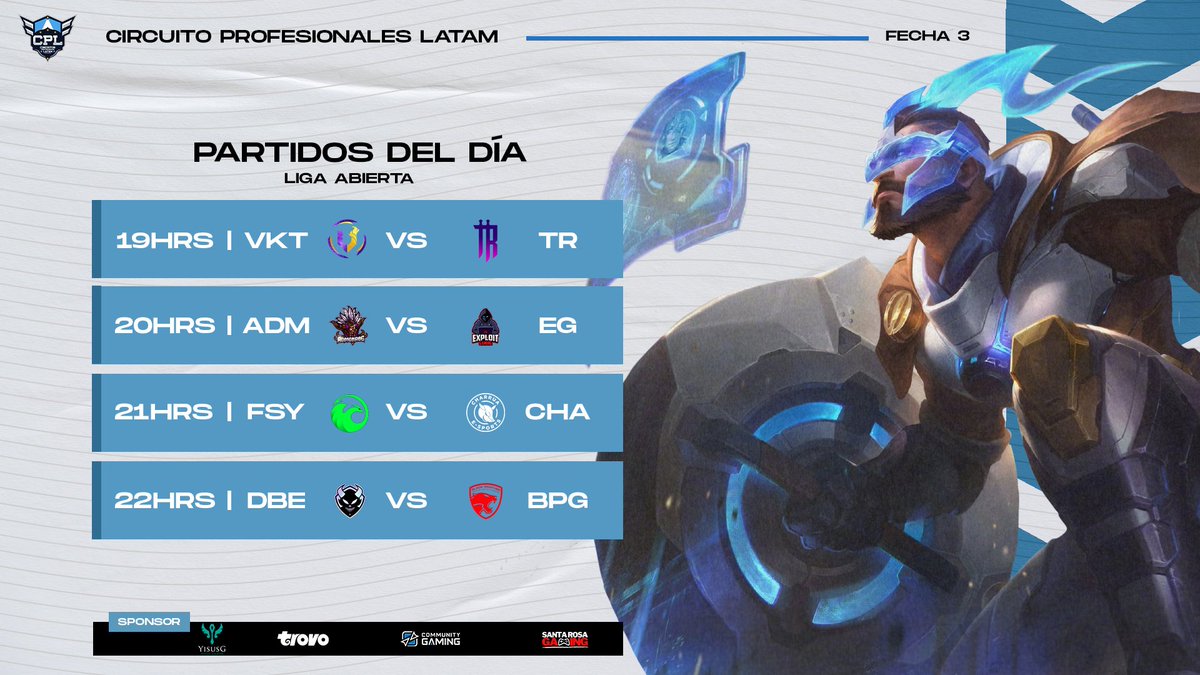 #SLCPL 

Desde las 19hs 🇦🇷🇨🇱🇺🇾 18hs 🇧🇴 17hs 🇵🇪 cerramos la semana de la Super Liga Abierta by <a href="/CGaming_LatAm/">Community Gaming LatAm</a> 

4 partidas que darán comienzo a la participación de estos equipos.

Te esperamos en el canal de <a href="/Hawks_org/">Hawks</a> para no perderte un partido.

twitch.tv/live_hawks
