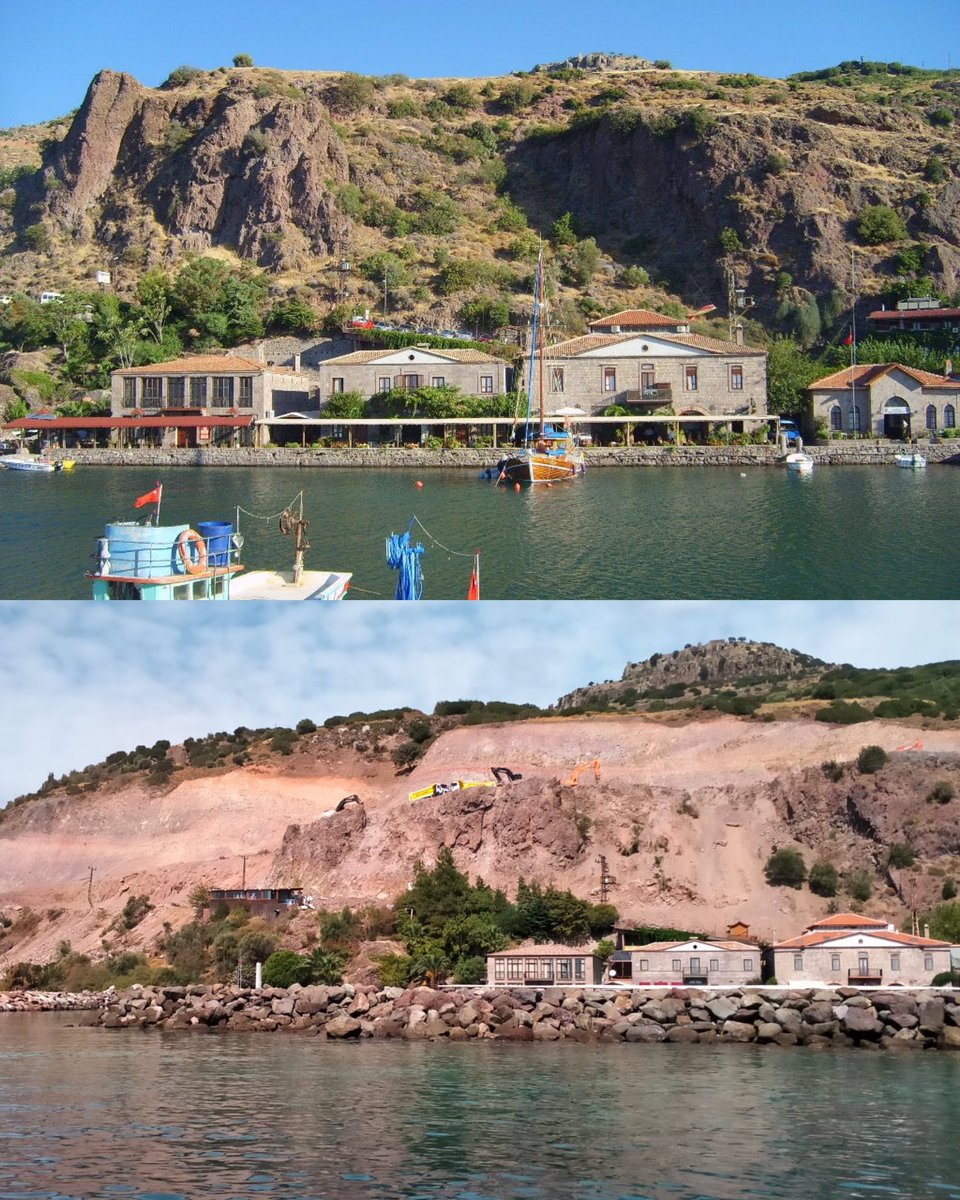 Gördüğünüz yer Assos Antik Kenti’nin Antik Limanı. Bu yer de Lidya'lılardan Pers'lere, İskender'den Galya'lılara, Pergamon Krallığına, Roma İmparatorluğu'na yani Tunç Çağı'ndan bugüne 5 bin yıllık süreç geçti ama bu denli Kaya Islahı çalışmaları altında tahrip edilmedi. YAZIK.