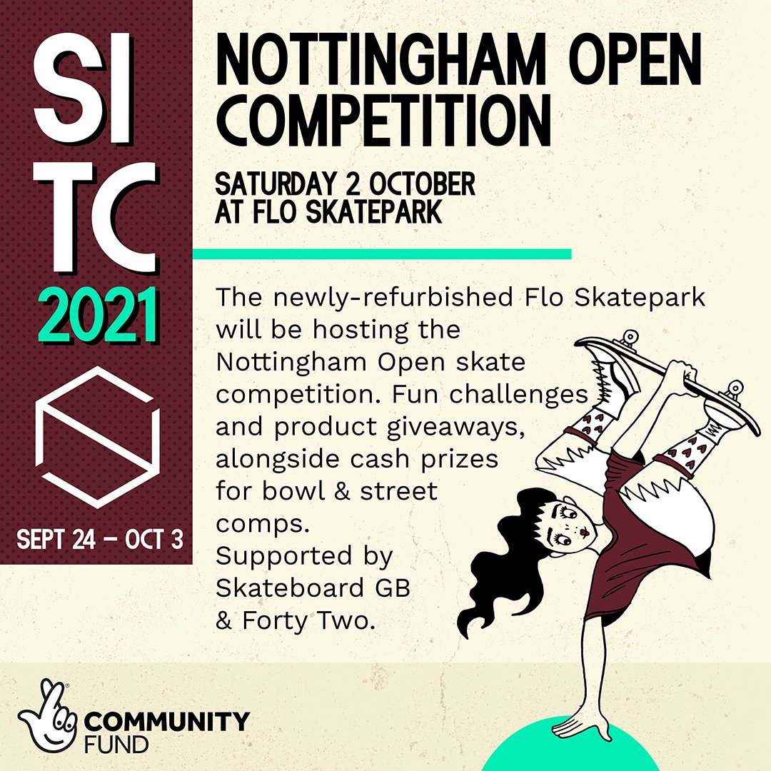 NottinghamSkate's tweet photo. Free public booking for the Nottingham Open skateboard comp this Saturday now up on the @SkateparkFlo website. Book now if you want to skate or spectate in either the under-16s session 12-3.30 or Open/all ages session 3.30-8.30
https://t.co/PmfNi4doj3 https://t.co/rvwJ0uEaOV