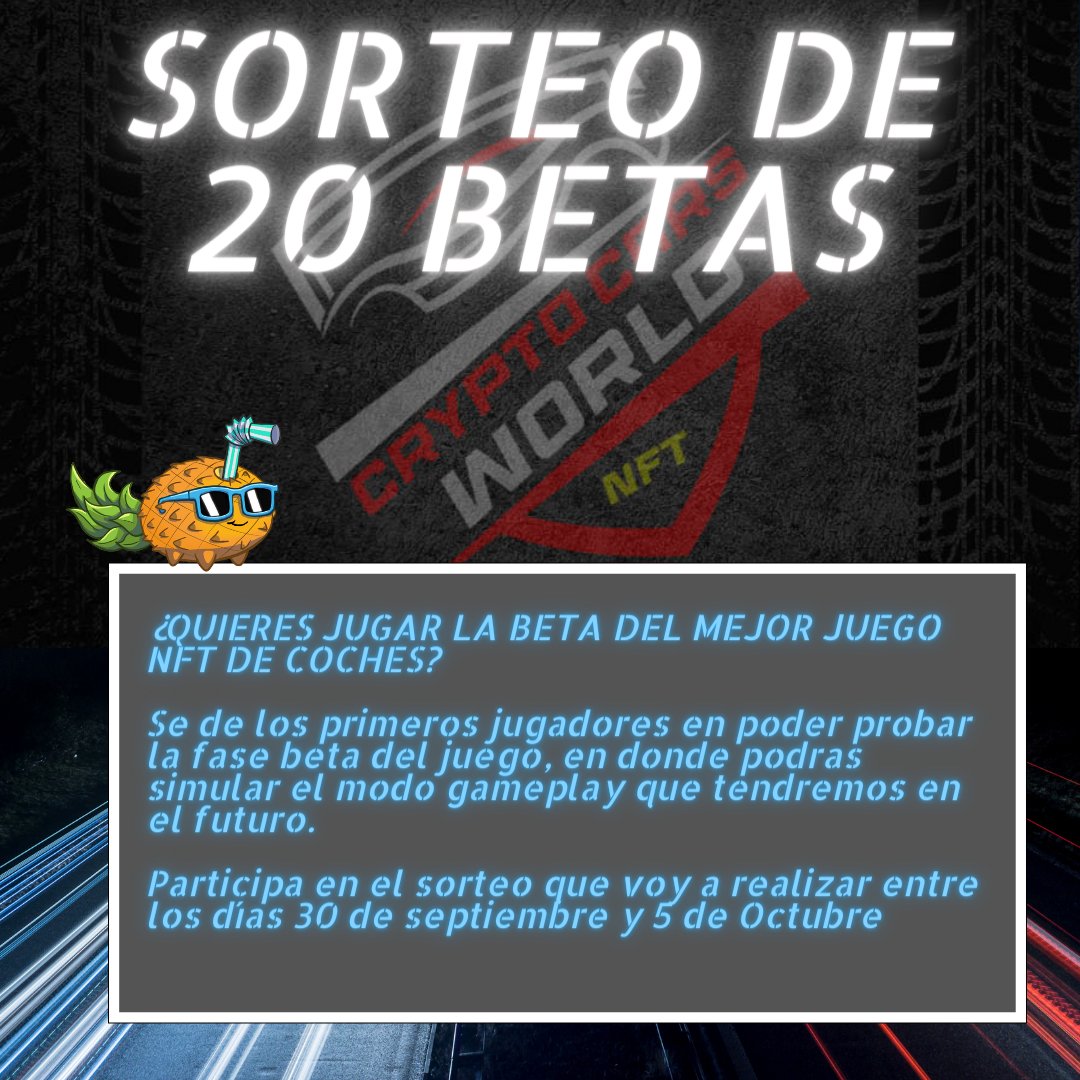 ZumitoTwitch's tweet image. 🏎️ SORTEO DE 20 BETAS para #CryptoCarsWorld 🏎️

⚠️REQUISITOS para participar:

1º RT a este twit 🔁

2º Follow: @CryptoCarsWorld ❤️

3º Estar en el directo de Twitch: 🍍twitch.tv/zumitotwitch