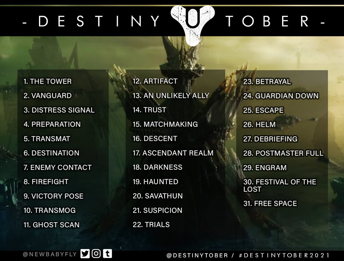 DestinyTober's tweet photo. It's time again guardians! Last year's list was about introducing your guardians to the world. This year, let's tell a spooky tale to get ready for the Witch Queen. Use #DestinyTober #DestinyTober2021 or @ this account to have your work retweeted. Eyes up! https://t.co/NTfDkLbi30