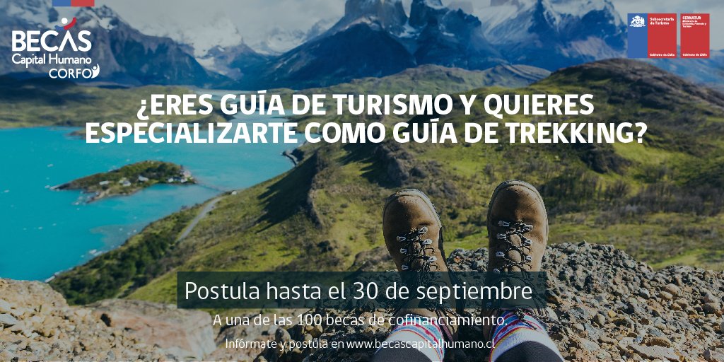 ¿Eres guía de turismo y quieres especializarte como guía de trekking? ⛰️ Este curso es para ti! 
Ingresa a becascapitalhumano.cl 💻 hasta mañana, 3⃣0⃣ de septiembre 🙀, y especialízate en el guiado en ambientes de montaña ✅