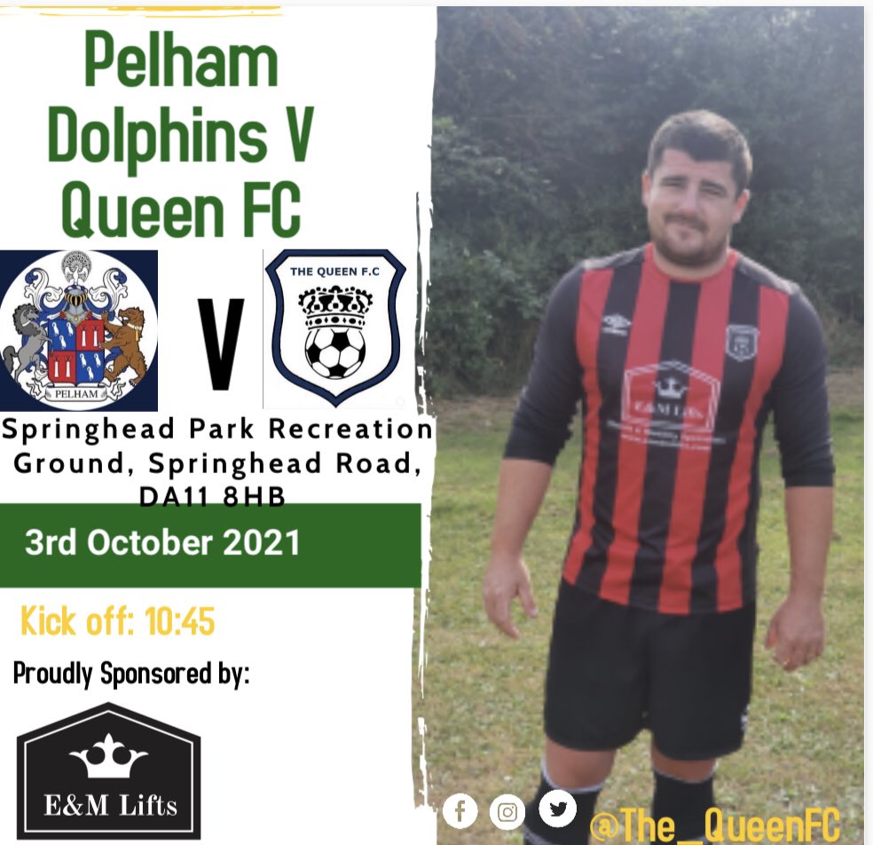 ⚽️🏆Our first cup match of the season, and we travel to Springhead park Recreation Ground, where we face Pelham Dolphins FC🏆⚽️

<a href="/fc_pelham/">Pelham Dolphins FC (NKSFL)</a> v <a href="/The_QueenFC/">The Queen FC</a> 
10.45 KO
Springhead Park Recreation Ground, DA11 8HB

See you Sunday lads!