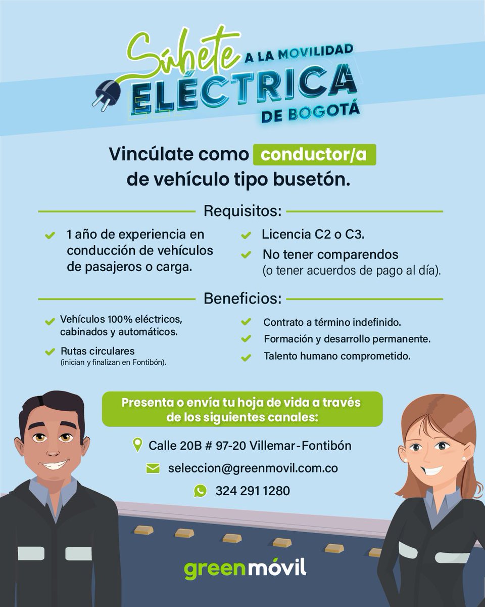 Green Móvil abre sus puertas para conformar el mejor equipo de operadores de la ciudad; personas que con responsabilidad y pasión le inyectarán la mejor energía a la movilidad de Bogotá.

#TrabajoSiHay #trabajo #empleo #Bogotá #Vacantes #OfertaLaboral #transporte