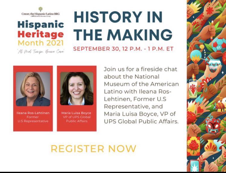 Maribelb05's tweet photo. We continue to celebrate #HispanicHeritageMonth at @UPS. Please join us for a candid fireside chat with @RosLehtinen and our own @MariaLBoyce as they highlight the many contributions of #Latino Americans in the U.S.  @CrecerUPSers 

Register here: https://t.co/uGS77S7laq https://t.co/BOjg93NrJ3