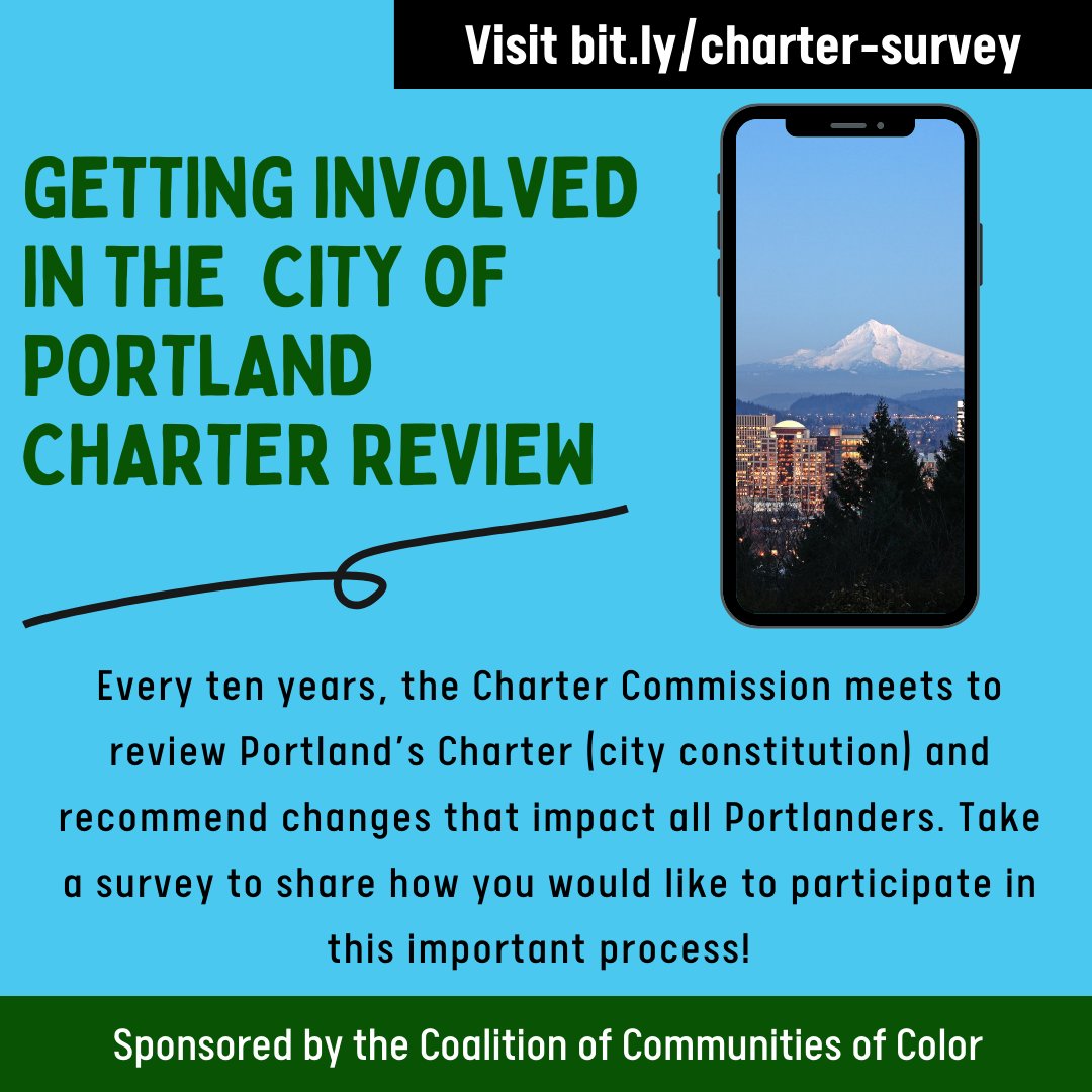 colorcoalition's tweet photo. 📢 Take our charter survey &amp; make your voice heard!

Portland's charter review process is happening right now, and ALL Portlanders have the opportunity to get involved.

Visit https://t.co/ackjYqMzw8 to complete our survey by Tuesday, October 12th.✍️ https://t.co/Dxpf11VR1A