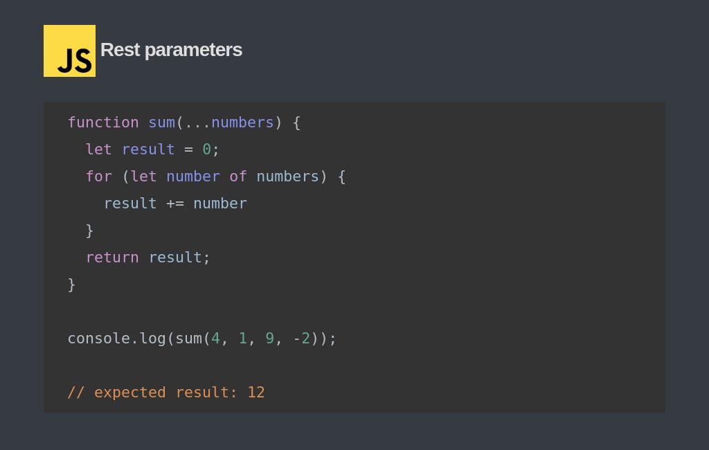 codesnippetsio's tweet image. Rest Parameters in JavaScript
Level: ⭐

#codesnippets #javascript #restparameters #webdevelopment