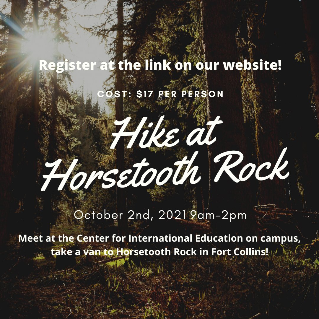 UNCOGlobal's tweet photo. Join us for a hike at Horsetooth Rock this Saturday! Register here: https://t.co/F0vBGWSuTC
#uncoglobal #bearsaroundtheworld #youarewelcomehere #unc_colorado https://t.co/TKQJd3k3HL