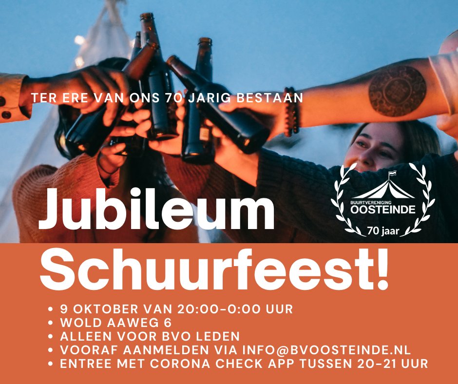 Ben je lid en heb jij je al aangemeld voor het Jubileum Schuurfeest op 9 oktober? 
Ter ere van ons 70 jarig bestaan nodigen wij alle leden van de Buurtvereniging Oosteinde van harte uit. Lees meer over het aanmelden: bvoosteinde.nl/9-oktober-a-s-…
