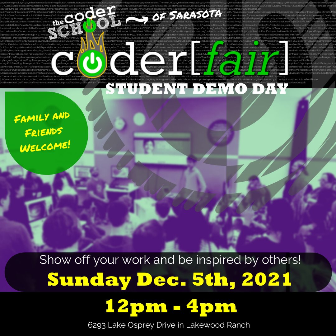 CoderSchoolSRQ's tweet image. Join us for our #CoderFair next week! Students are invited to submit their best projects of the season. Exhibits will be on display for students, their families, and members of the community to view and try out. Come support our young coders and be inspired by their work! #coding