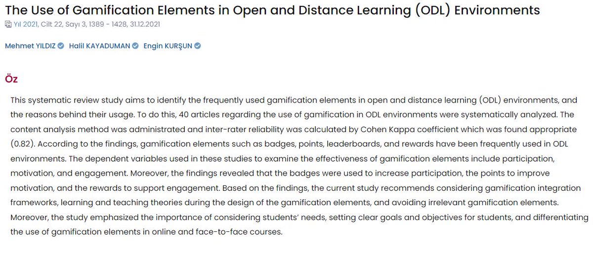 halilkayaduman's tweet photo. New Publication with @ekursun and @mhmtyldzphd 

The Use of Gamification Elements in Open and Distance Learning (ODL) Environments

English and Turkish versions of the article are available in the PDF !!!

https://t.co/dQOrtvKQx9 https://t.co/lsDECrBC4b