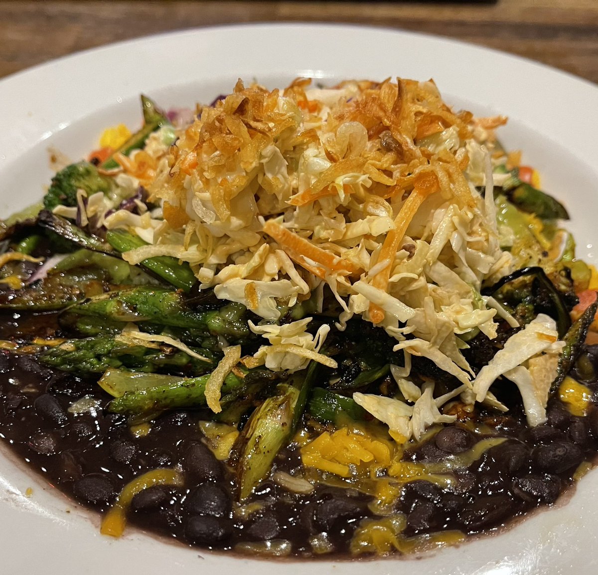 losgatosdining's tweet photo. The Veggie Bowl at Pedro’s in #losgatos comes with asparagus, Mexican rice, black beans, pico de gallo, cabbage salad, fried onions and cheddar cheese. $15 https://t.co/AspAv5tn9g