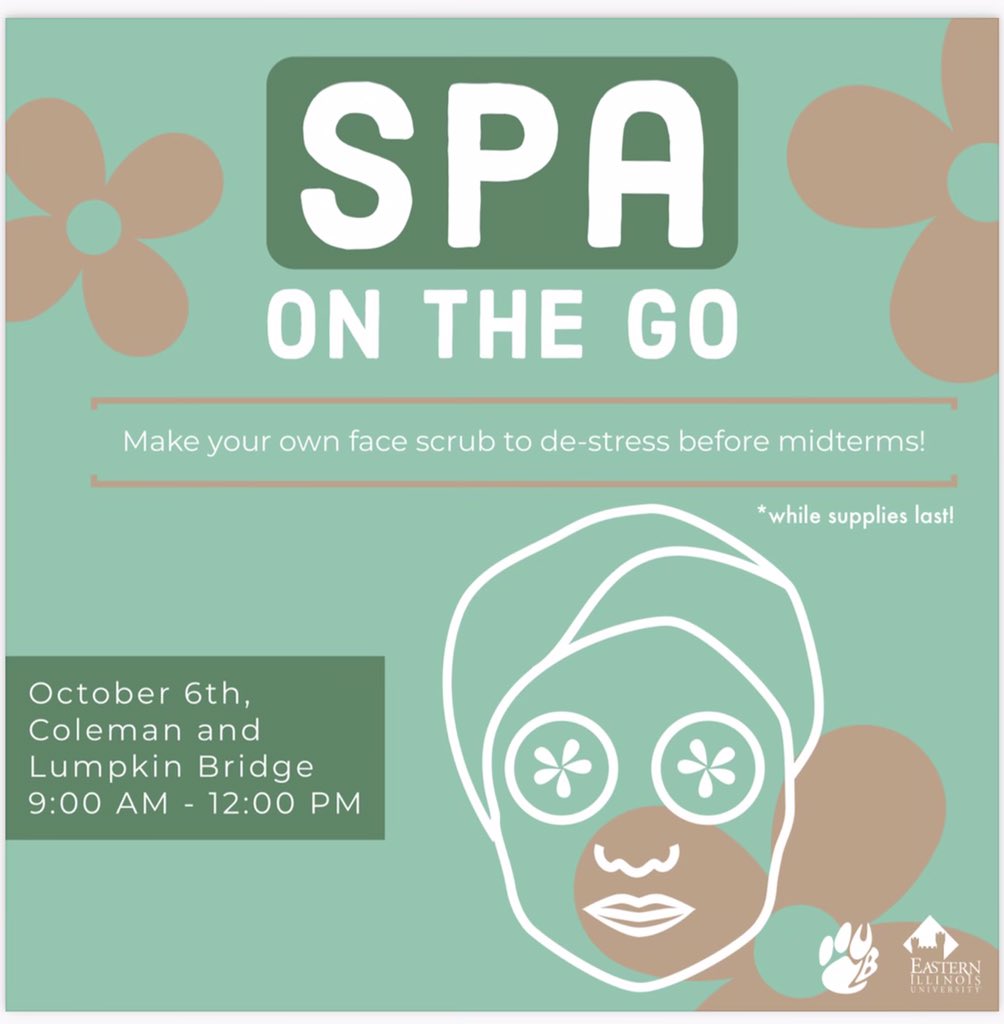 Stop by our “Spa on the Go” station under the Lumpkin/Coleman bridge and make your own sugar face scrub to de-sresss before midterms! Oct 6th 9am until noon or until supplies runs out. See you then!