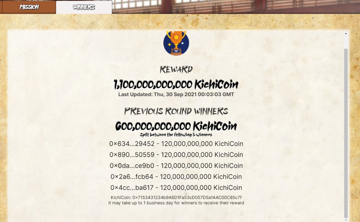 Congrats to the 5 winners. New round just started. Bigger prize pool this round. Play now! Kichigames.app