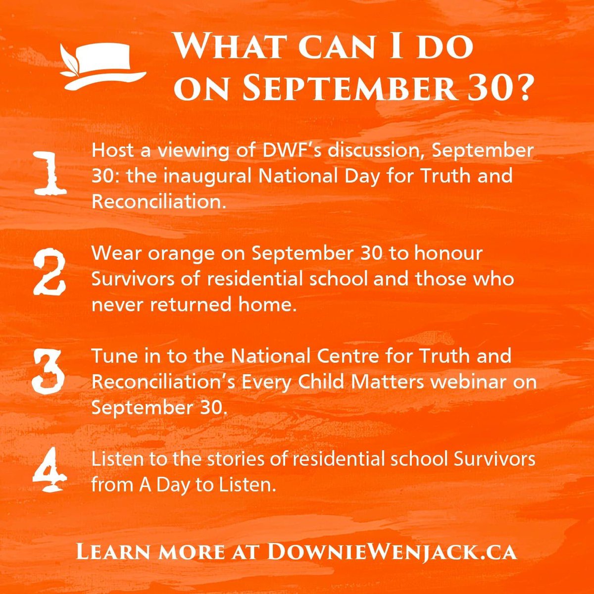 Wear orange to honour the thousands of Indigenous children who attended and lost their lives in Canadian Residential schools.  Honour the survivors and their families. 🧡🧡🧡