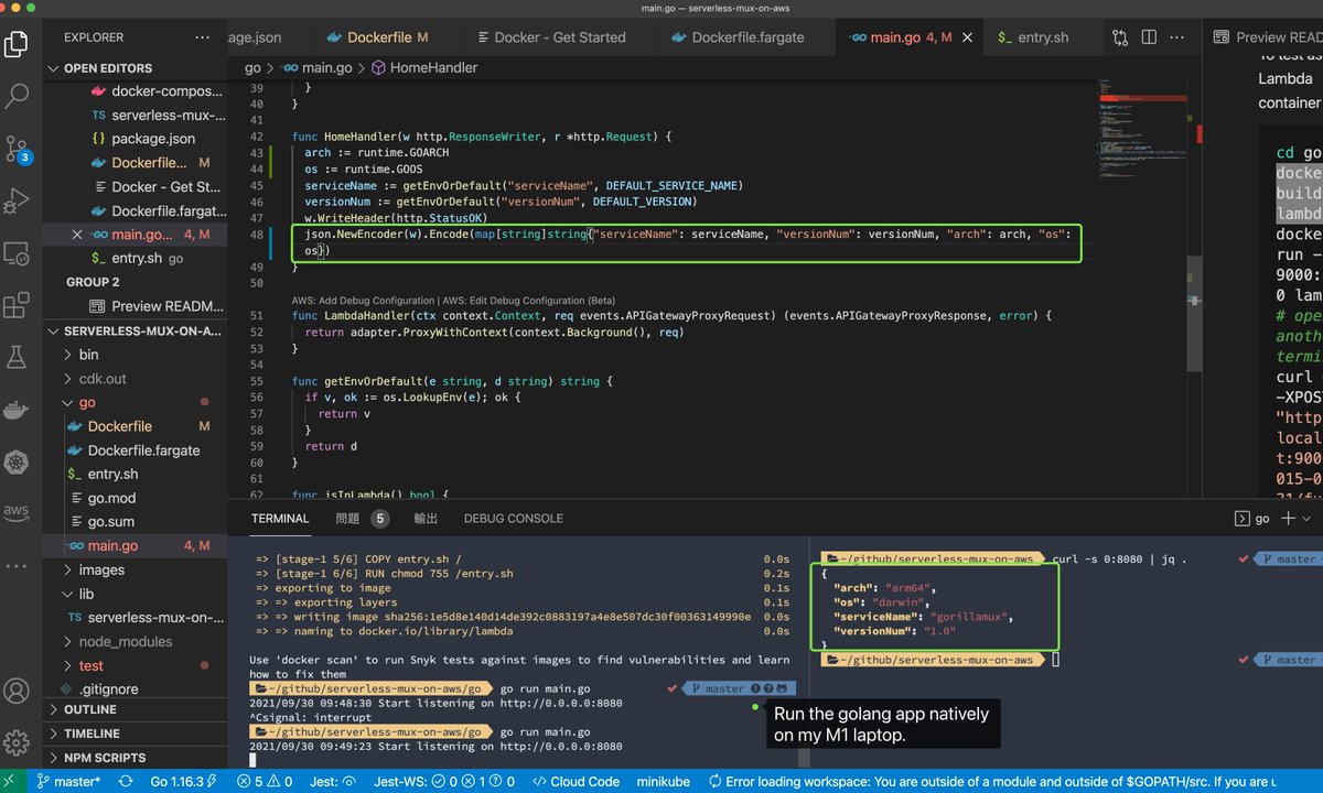 pahudnet's tweet photo. Now let's build, test and run our Golang App on Mac M1 and deploy as docker container on AWS Lambda Graviton2 with AWS CDK! It just works!! 😎🔥👍 https://t.co/hyIpK9Nscu