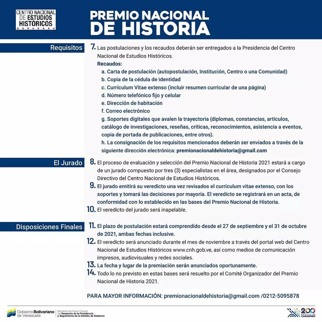 #Atención 🗣️ | El Centro Nacional de Estudios Históricos le complace anunciar el Premio Nacional de Historia 2021.

Desliza ➡️ para conocer las bases.

📢 ¡Participa! 

#AndaYVacúnate

<a href="/NicolasMaduro/">Nicolás Maduro</a> <a href="/dcabellor/">Diosdado Cabello R</a> <a href="/PartidoPSUV/">PSUV</a> @CNH_Ven <a href="/BiblioNacional/">Biblioteca Nacional</a> <a href="/RedMemoria/">Red de Historia Memoria y Patrimonio</a>