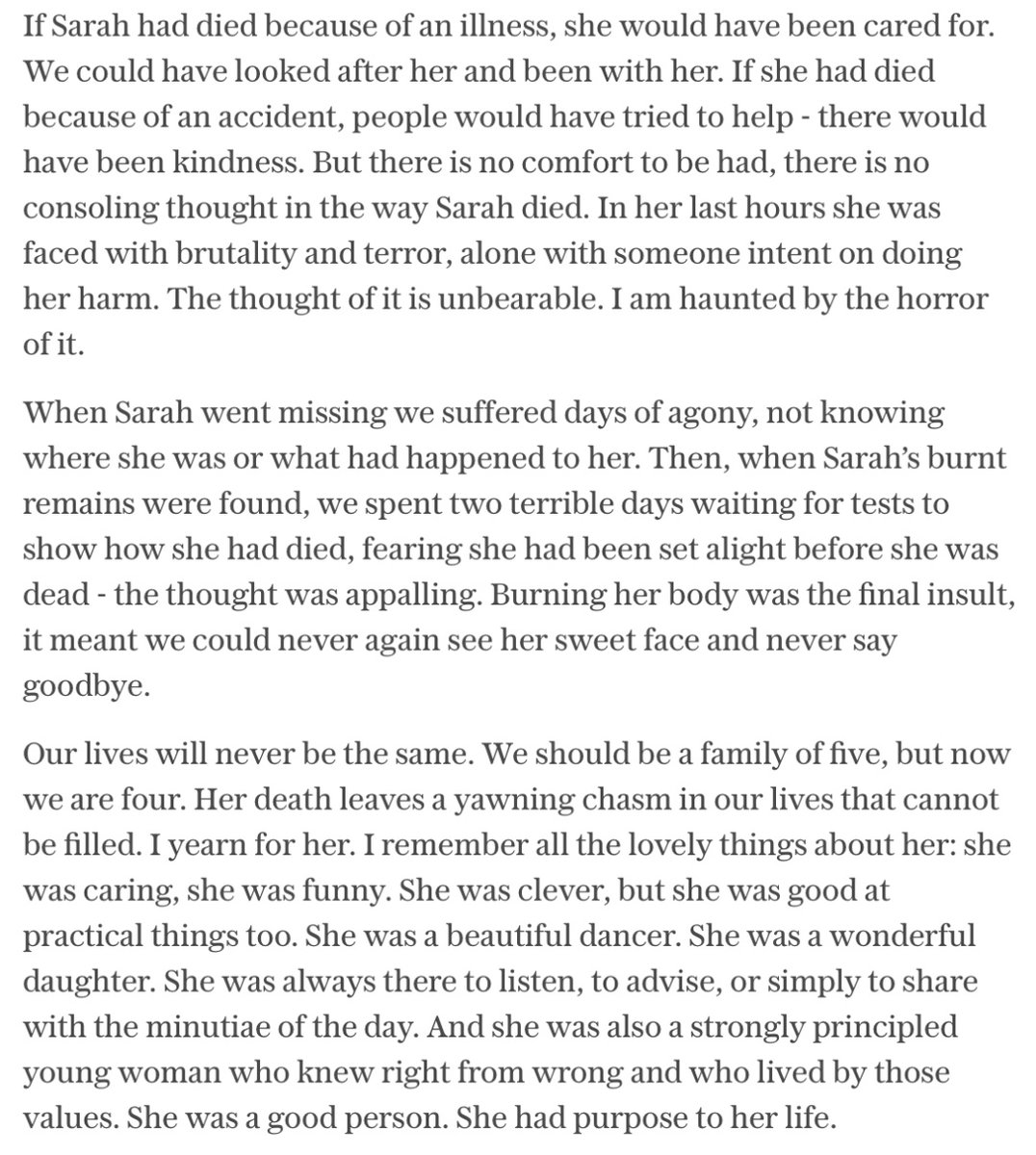 Kyah751's tweet photo. The victim impact statements from #SarahEverard's family are deeply affecting.  

“In the evenings, at the time she was abducted, I let out a silent scream: ‘Don’t get in the car, Sarah. Don’t believe him. Run’.” https://t.co/48DHD498o9