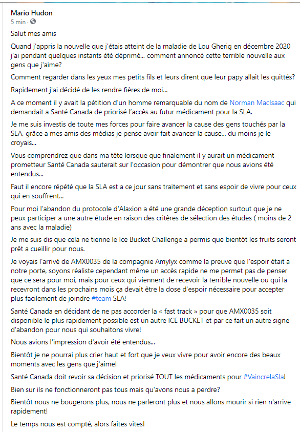 Le temps nous est compté, alors faites vites!  
Pour un don 
<a href="/SLA_ALS_Quebec/">Société de la SLA du Québec</a>

Toutes les thérapies SLA devraient en priorité
als.ca/fr/blogs/le-te… 

C’EST LE MOMENT D’AGIR
als.ca/fr/defense-de-…

#SLA 
#ALS 
#VaincrelaSLA 
#PriorityReviewforALS
#ExamenprioritairepourlaSLA