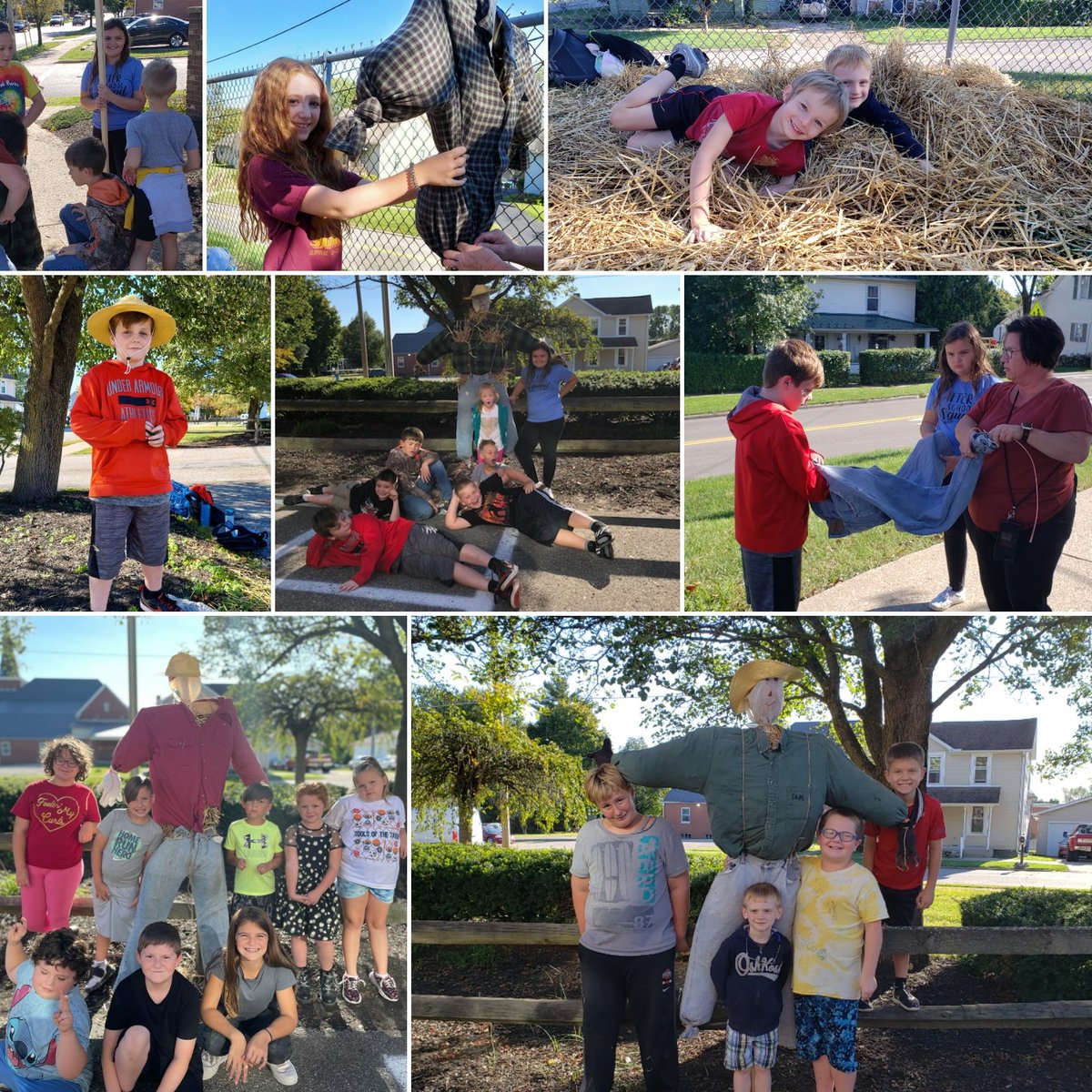 somerset_s's tweet photo. The @SomersetElem S.T.A.R.S. students and staff had fun making scarecrows today.  The finished scarecrows are on display in front of the school. https://t.co/gC3w3aEYGO